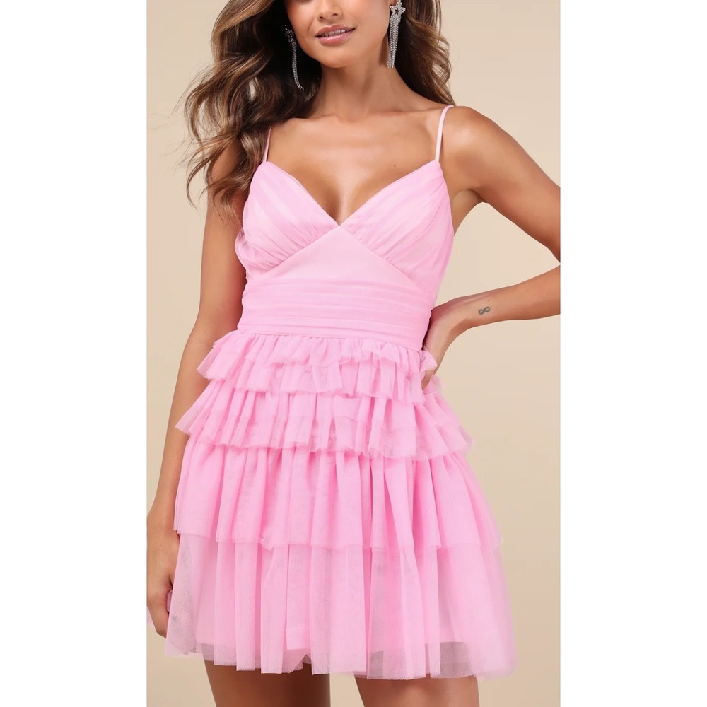 NWT Lulus Special Poise Pink Tulle Pleated Sleeveless Tiered Mini Dress Sz XS - Picture 3 of 7